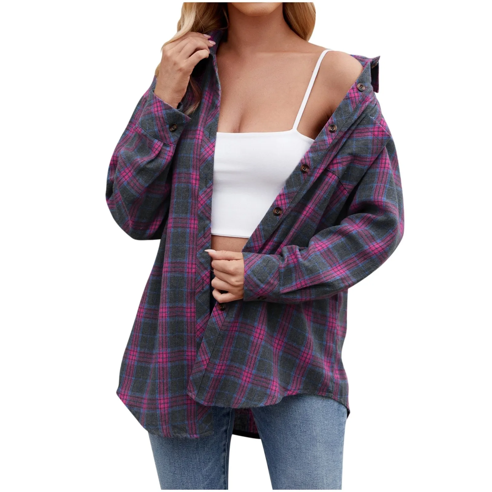 Women’S Button Down Shirt Loose Long Sleeve Lightweight Flannel Plaid Shirt Oversized Jacket Coat Fashion Women'S Clothing 2024