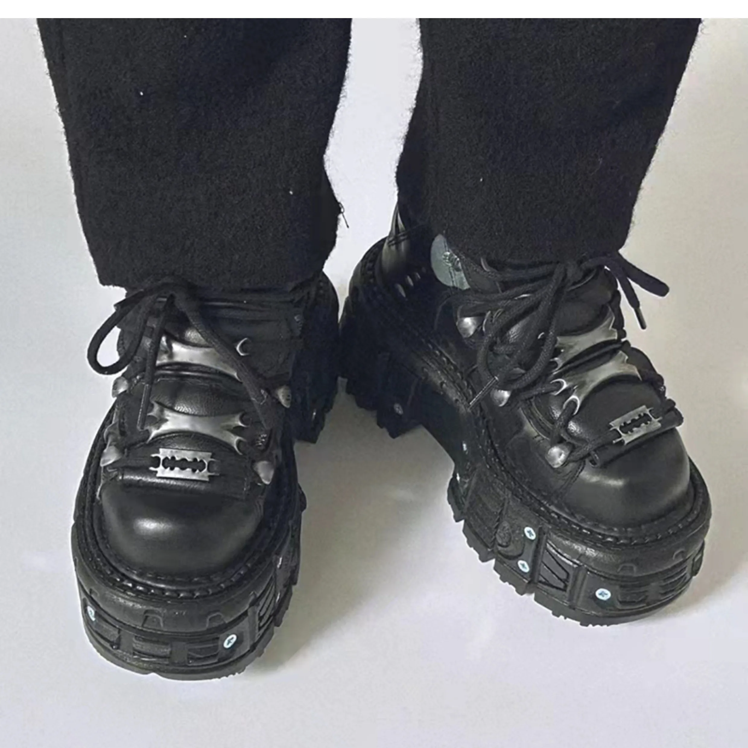 Punk Heavy Metal Leather Female 2024 Gothic Dark Lace Up Muffin Hipster Rivet Motorcycle Platform Shoes Women