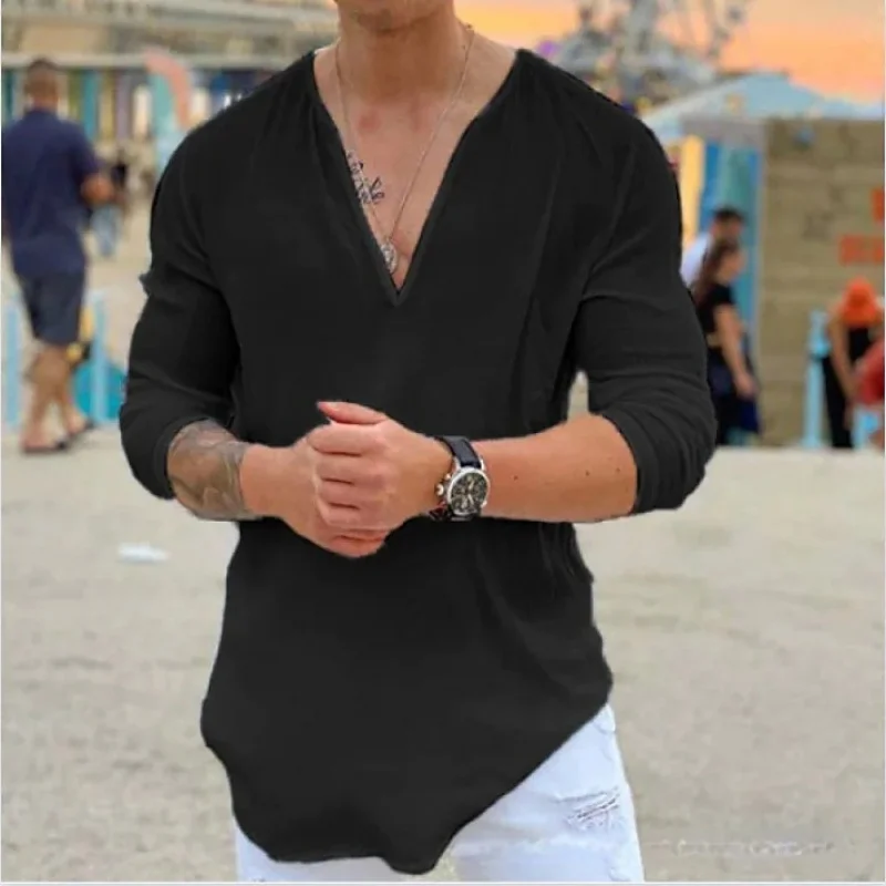 Men's New Spring And Summer Fashion Comfortable Casual V-neck Pullover Solid Color Trend Personality Long-sleeved Shirt