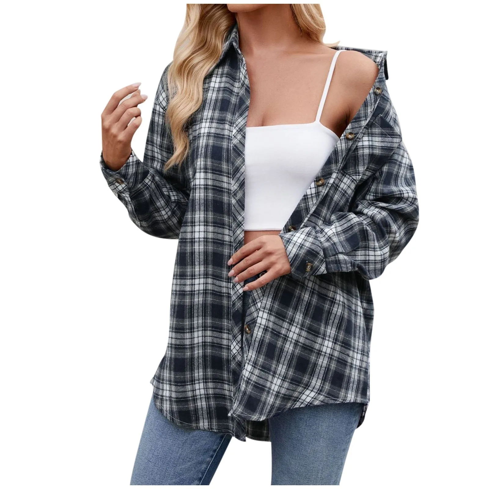 Women’S Button Down Shirt Loose Long Sleeve Lightweight Flannel Plaid Shirt Oversized Jacket Coat Fashion Women'S Clothing 2024