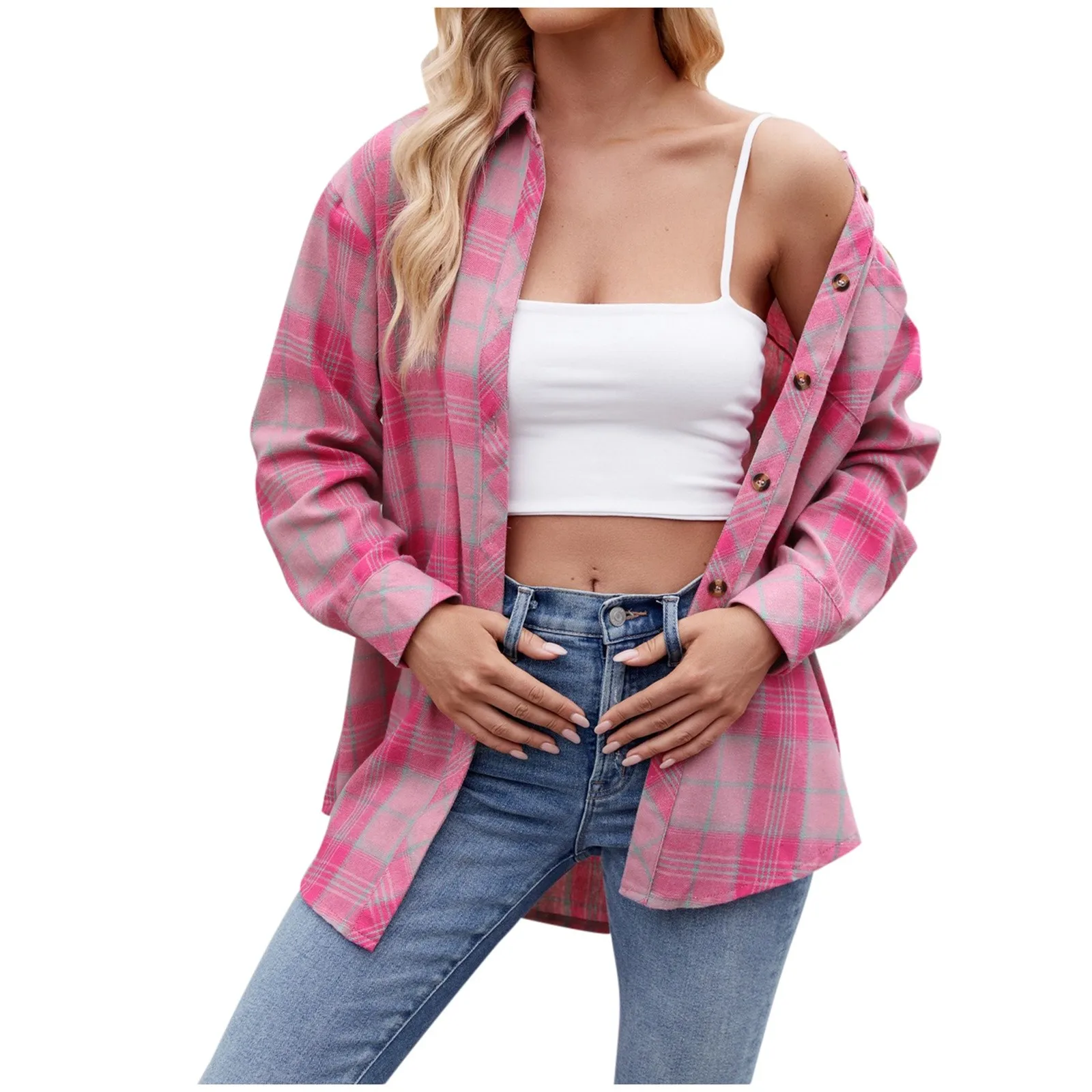 Women’S Button Down Shirt Loose Long Sleeve Lightweight Flannel Plaid Shirt Oversized Jacket Coat Fashion Women'S Clothing 2024