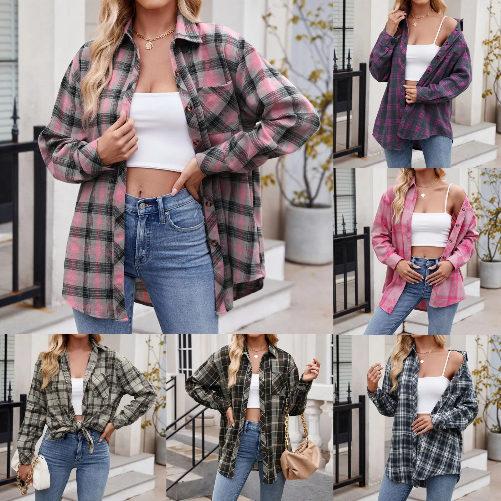 Women’S Button Down Shirt Loose Long Sleeve Lightweight Flannel Plaid Shirt Oversized Jacket Coat Fashion Women'S Clothing 2024