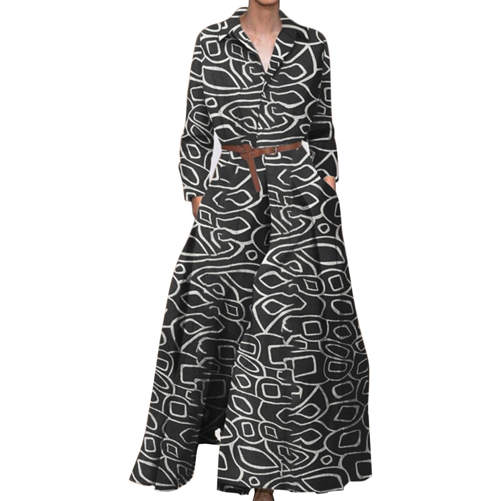 Dresses For Women Autumn Printed Long Sleeve Bohe Dress With Pockets Holiday Elegant Turn Down Collar Long Dresses