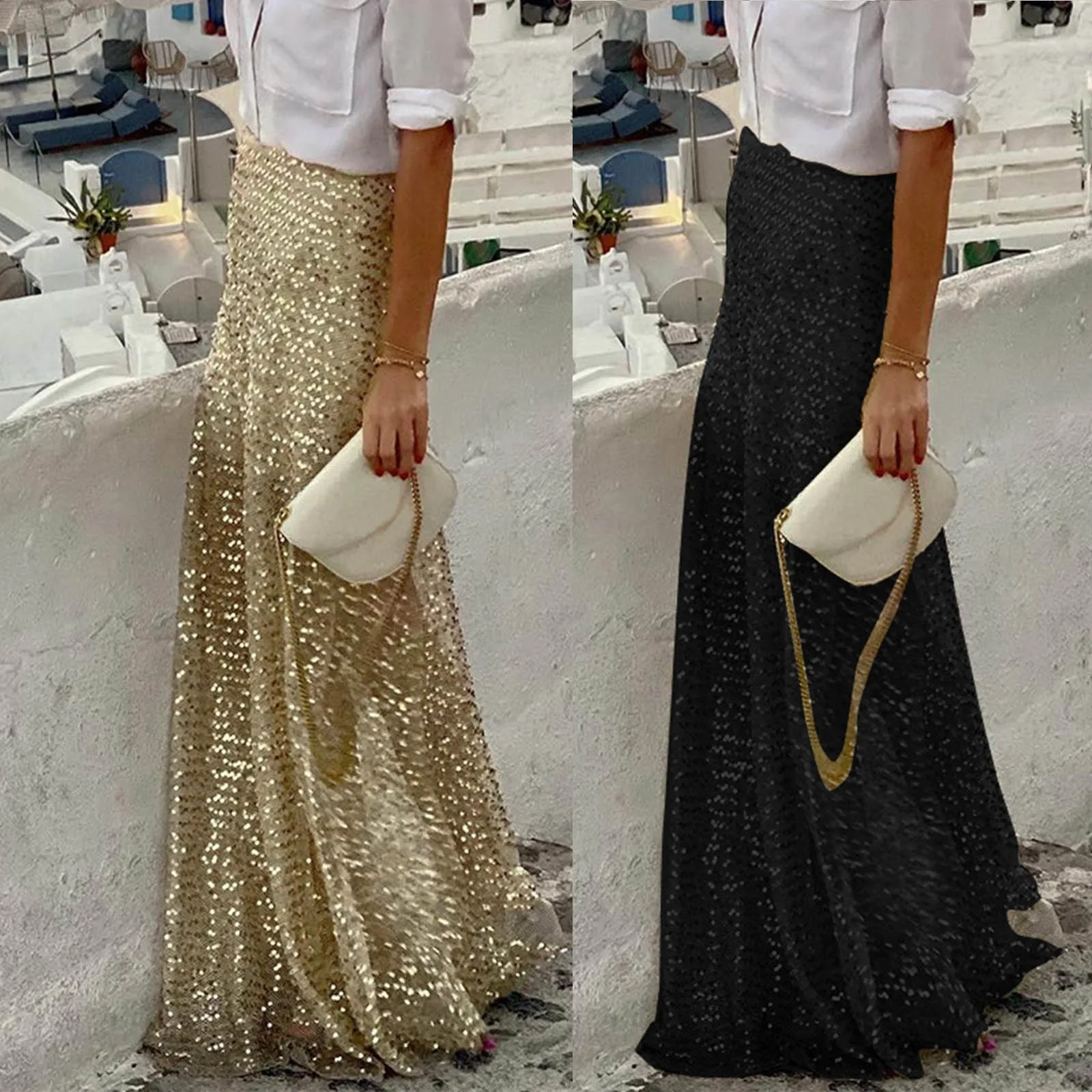 Knit Skirts for Women Women Skirts Elastic Waist Gold Sequin Glitter Skirt Elegant Slim Fit Holiday Long Female Sparky Skirt