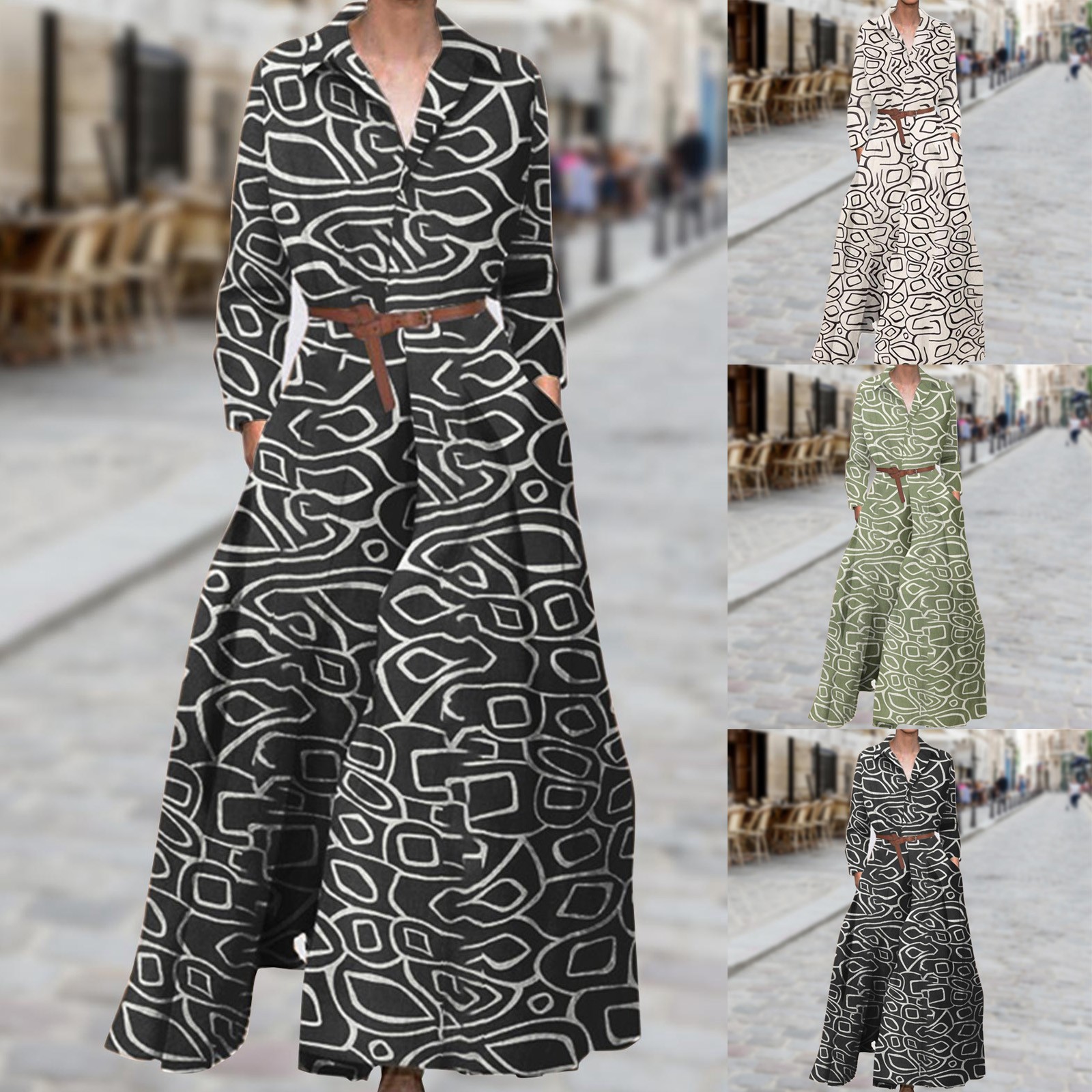 Dresses For Women Autumn Printed Long Sleeve Bohe Dress With Pockets Holiday Elegant Turn Down Collar Long Dresses