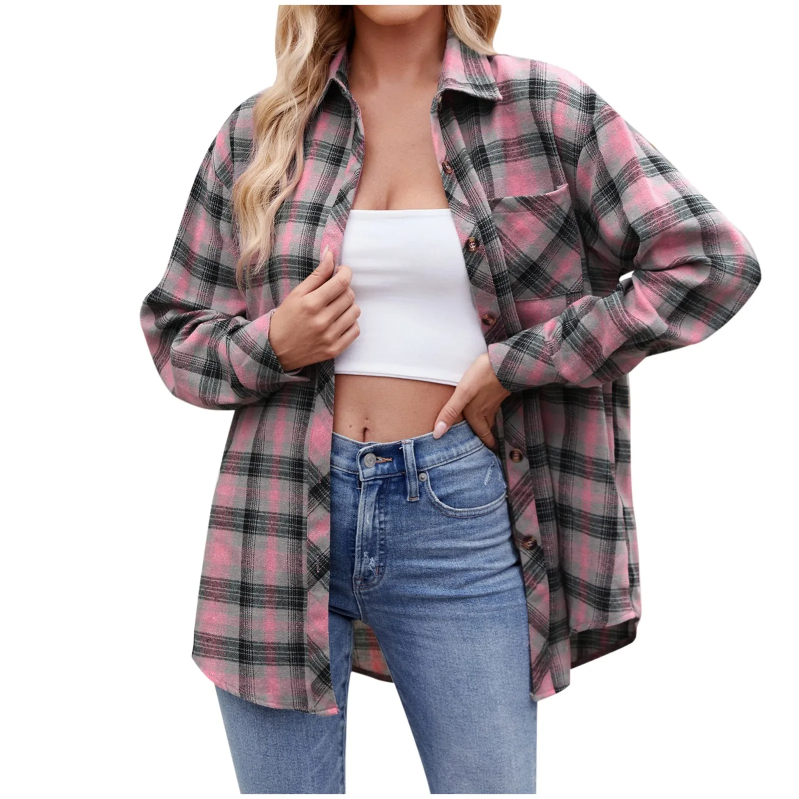 Women’S Button Down Shirt Loose Long Sleeve Lightweight Flannel Plaid Shirt Oversized Jacket Coat Fashion Women'S Clothing 2024