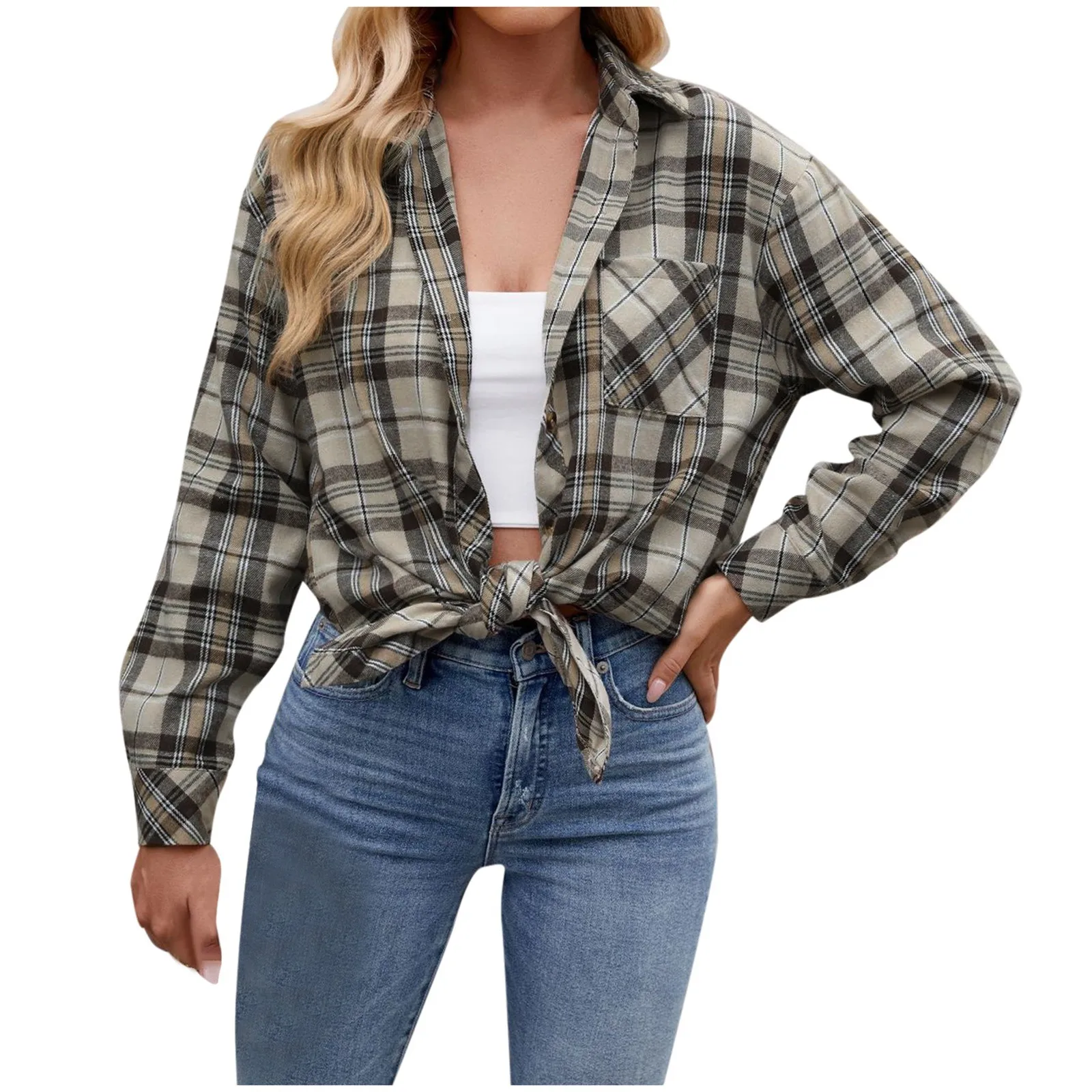 Women’S Button Down Shirt Loose Long Sleeve Lightweight Flannel Plaid Shirt Oversized Jacket Coat Fashion Women'S Clothing 2024