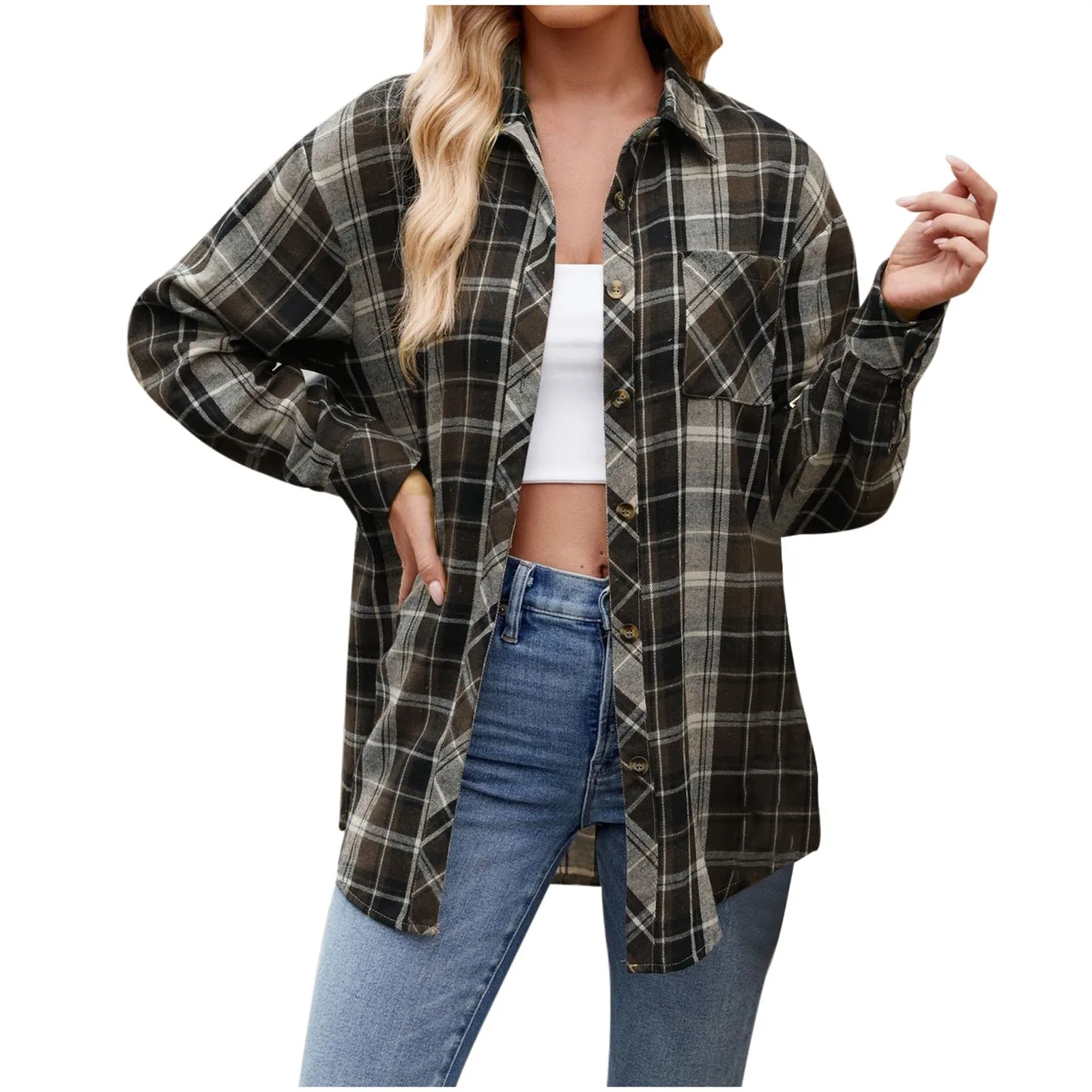 Women’S Button Down Shirt Loose Long Sleeve Lightweight Flannel Plaid Shirt Oversized Jacket Coat Fashion Women'S Clothing 2024